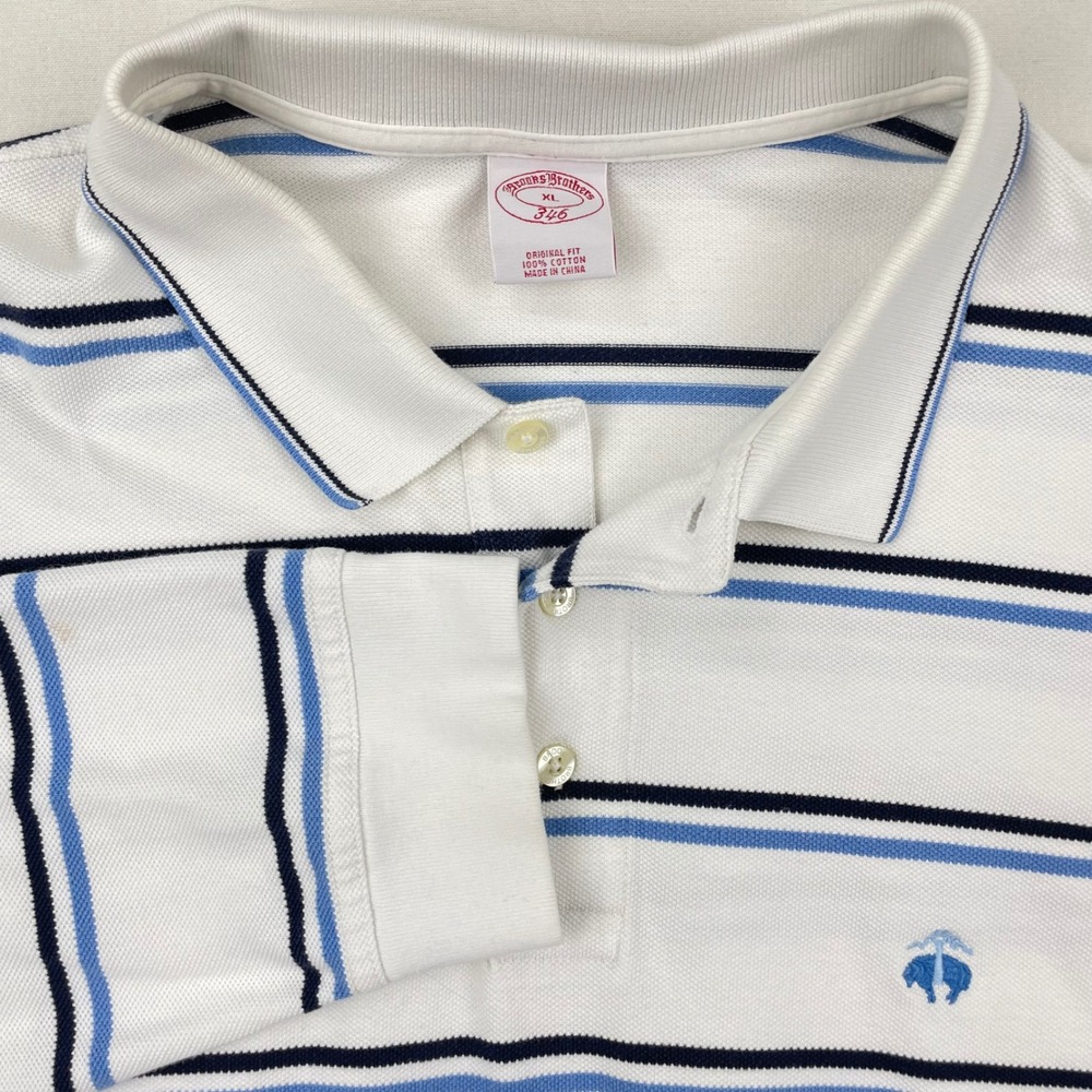 Brooks Brothers 346 Mens XL Long Sleeve Polo Shirt Striped Cotton White Blue